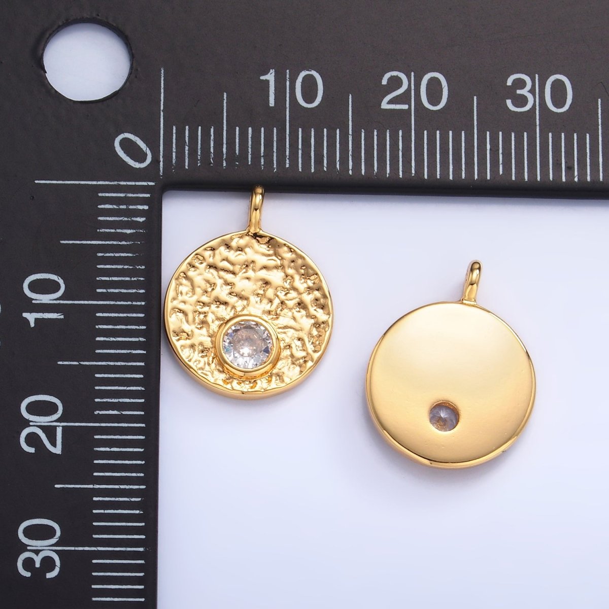 24K Gold plated Clear CZ Hammered Round Pendant | W438 - DLUXCA