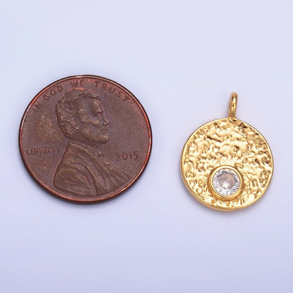 24K Gold plated Clear CZ Hammered Round Pendant | W438 - DLUXCA