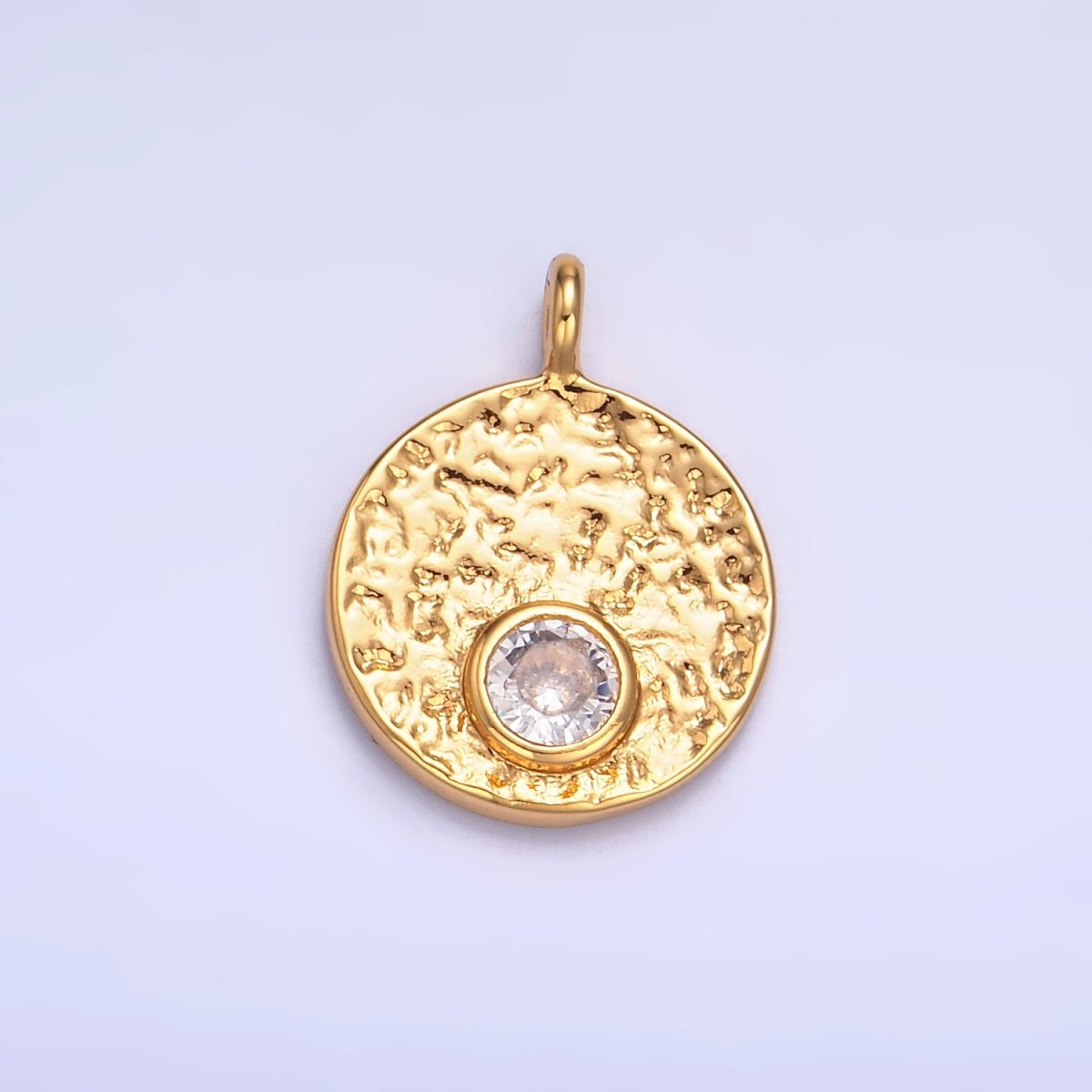 24K Gold plated Clear CZ Hammered Round Pendant | W438 - DLUXCA