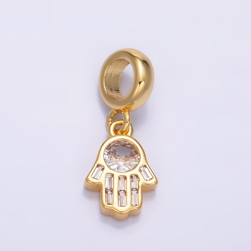 24K Gold plated Clear CZ Hamsa Hand Rhodelle Bail Drop Pendant | W271 - DLUXCA