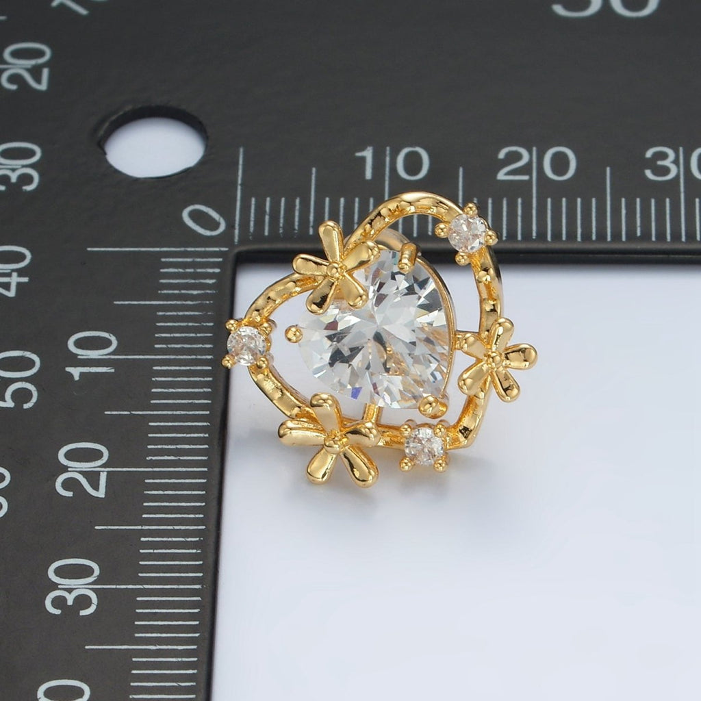 24K Gold plated Clear CZ Heart Flower Open Bezel Stud Earrings | AD749 - DLUXCA