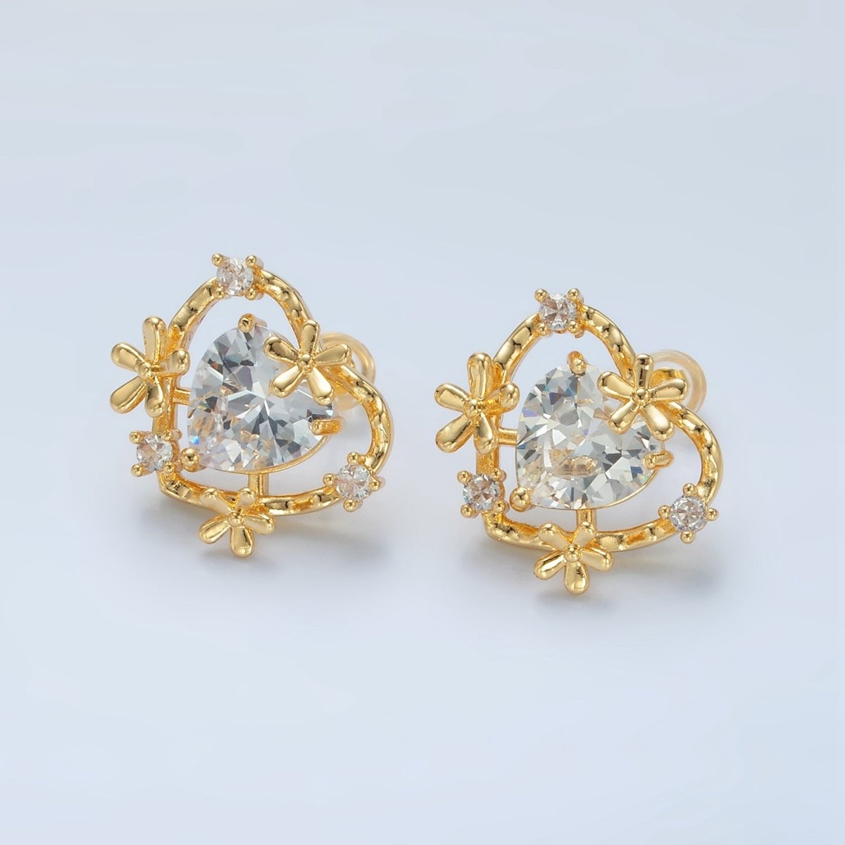 24K Gold plated Clear CZ Heart Flower Open Bezel Stud Earrings | AD749 - DLUXCA