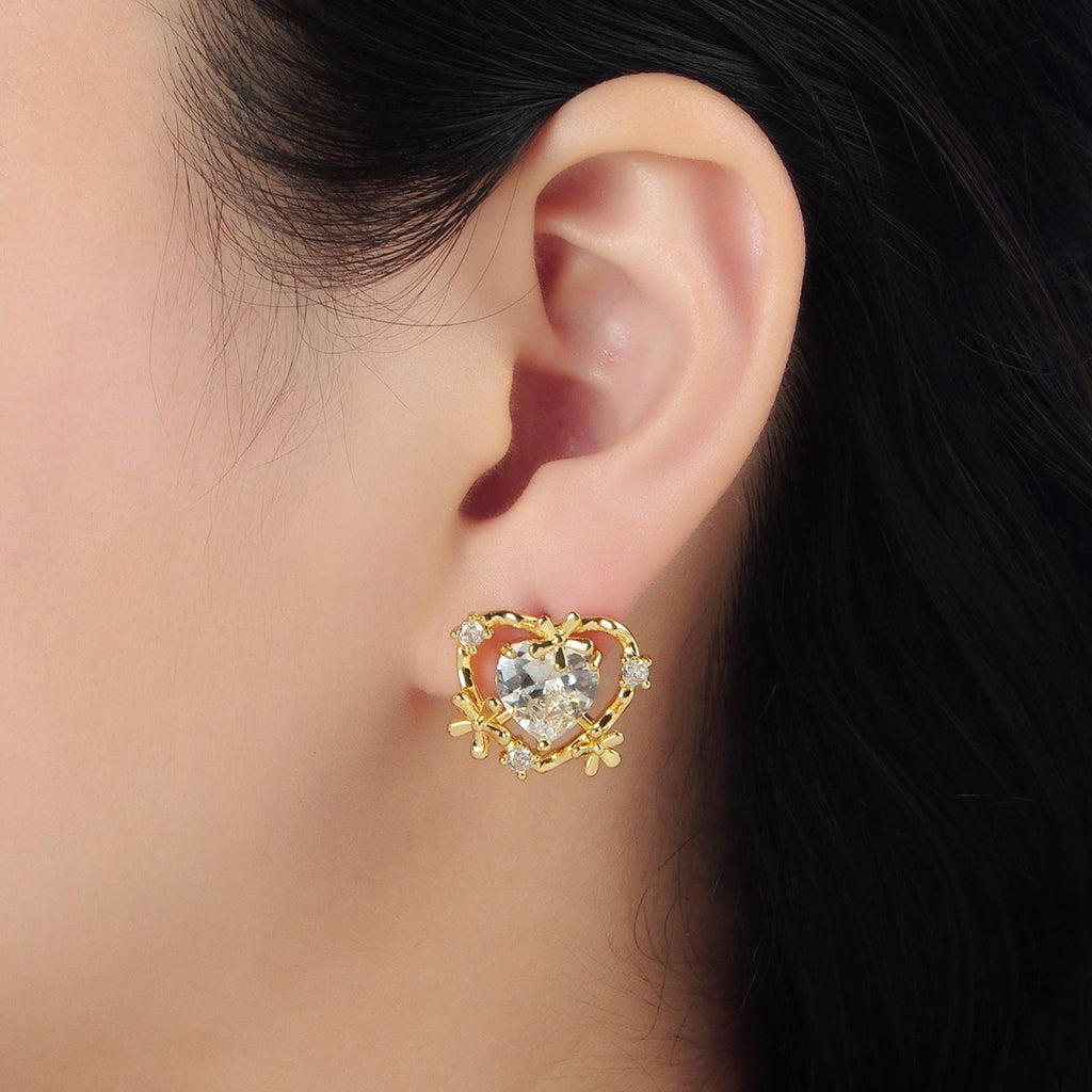 24K Gold plated Clear CZ Heart Flower Open Bezel Stud Earrings | AD749 - DLUXCA