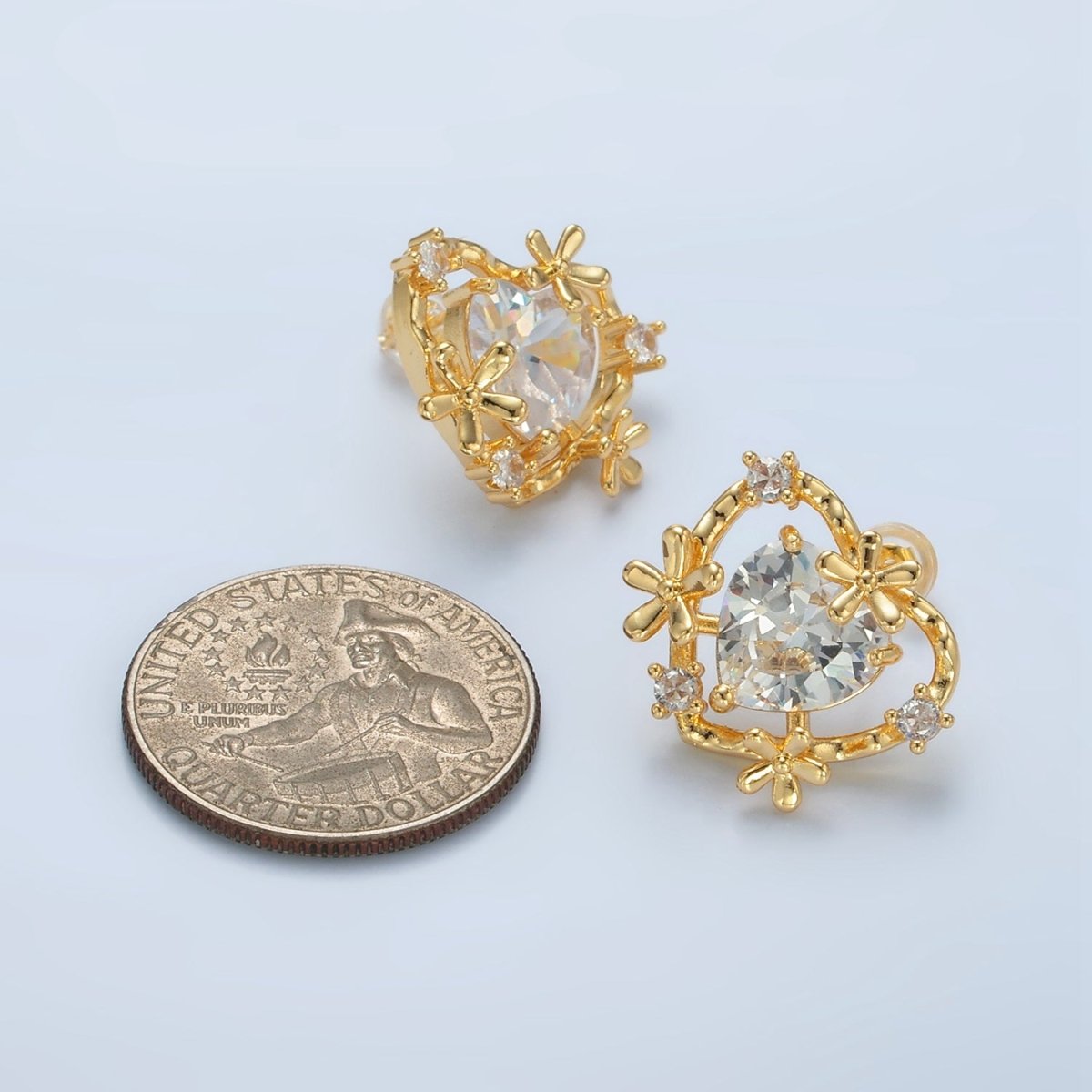 24K Gold plated Clear CZ Heart Flower Open Bezel Stud Earrings | AD749 - DLUXCA