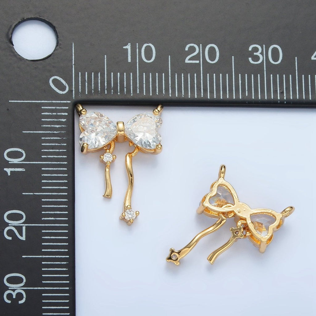 24K Gold plated Clear CZ Heart Ribbon Bow Connector | F129 - DLUXCA