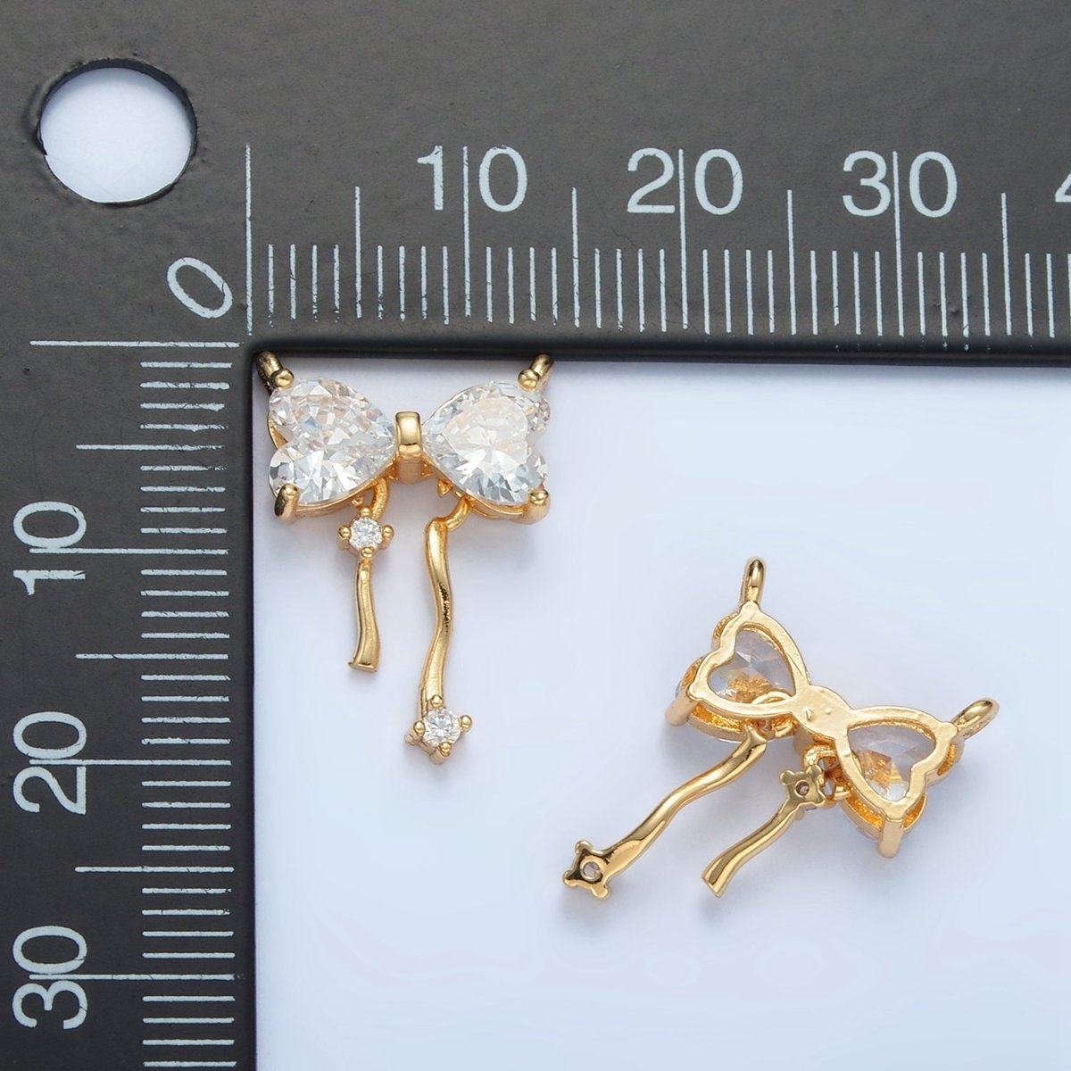 24K Gold plated Clear CZ Heart Ribbon Bow Connector | F129 - DLUXCA