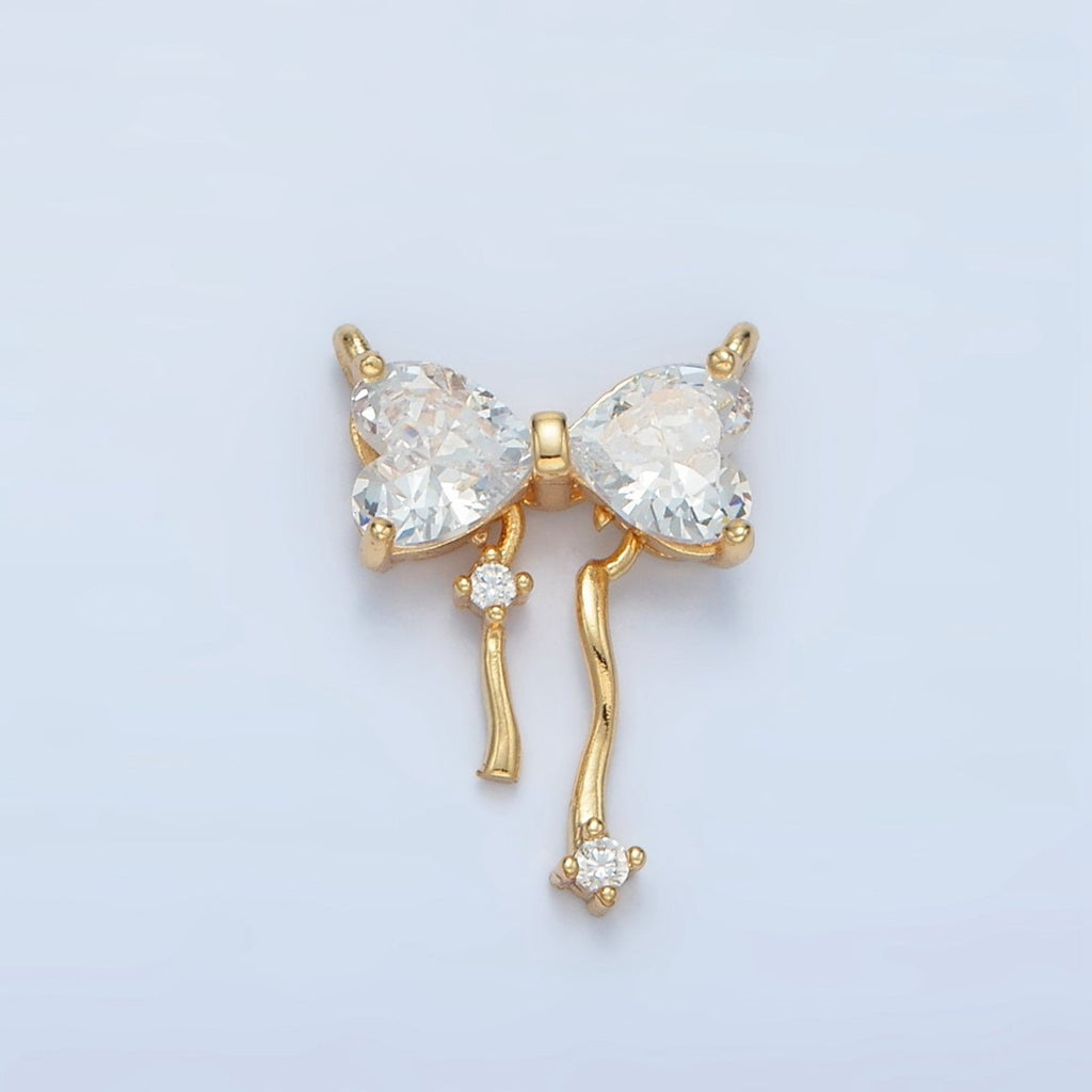 24K Gold plated Clear CZ Heart Ribbon Bow Connector | F129 - DLUXCA