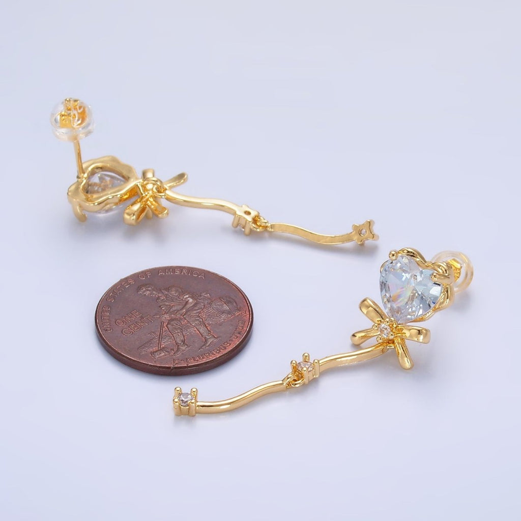 24K Gold plated Clear CZ Heart Ribbon Bow Drop Earrings | AB1034 