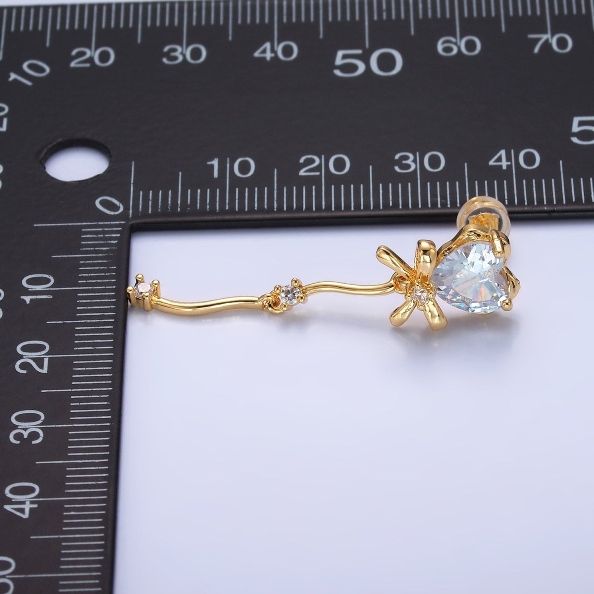 24K Gold plated Clear CZ Heart Ribbon Bow Drop Earrings | AB1034 