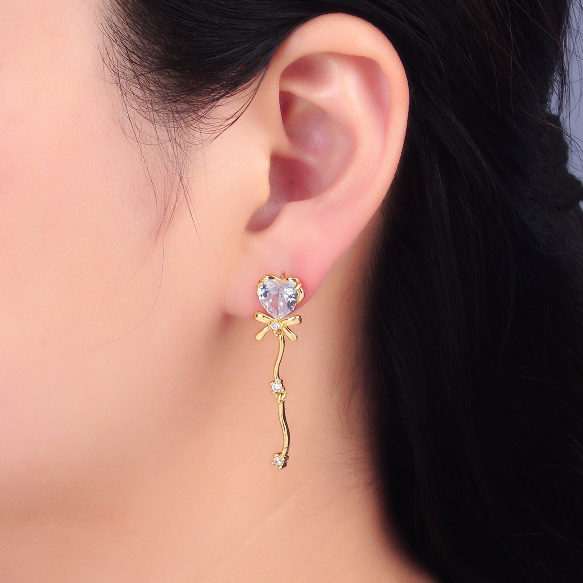 24K Gold plated Clear CZ Heart Ribbon Bow Drop Earrings | AB1034 
