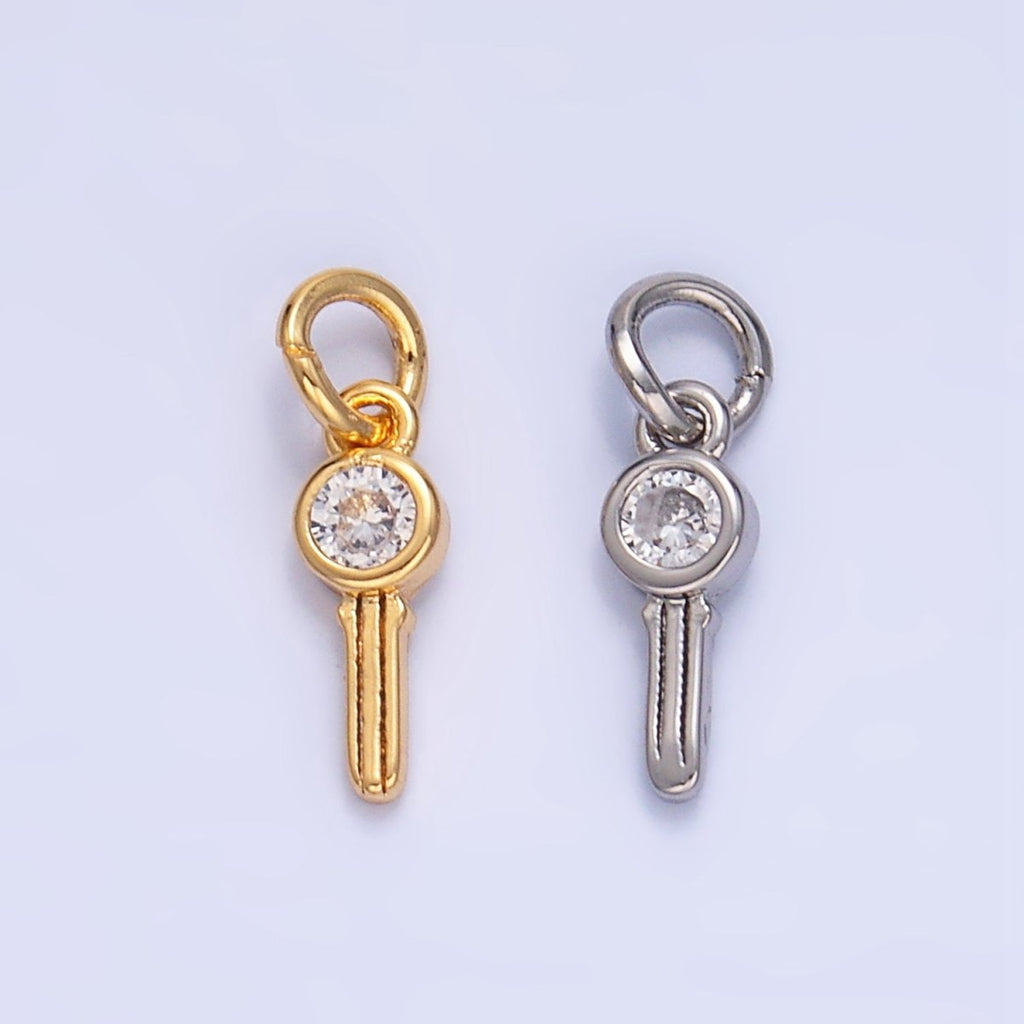 24K Gold plated Clear CZ Key Mini Charm in Gold & Silver | W104 - DLUXCA