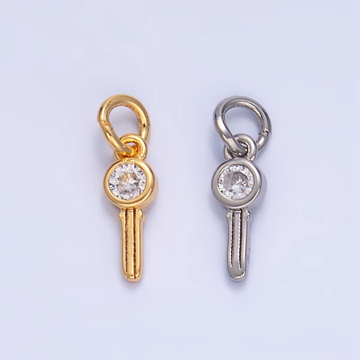 24K Gold plated Clear CZ Key Mini Charm in Gold & Silver | W104 - DLUXCA