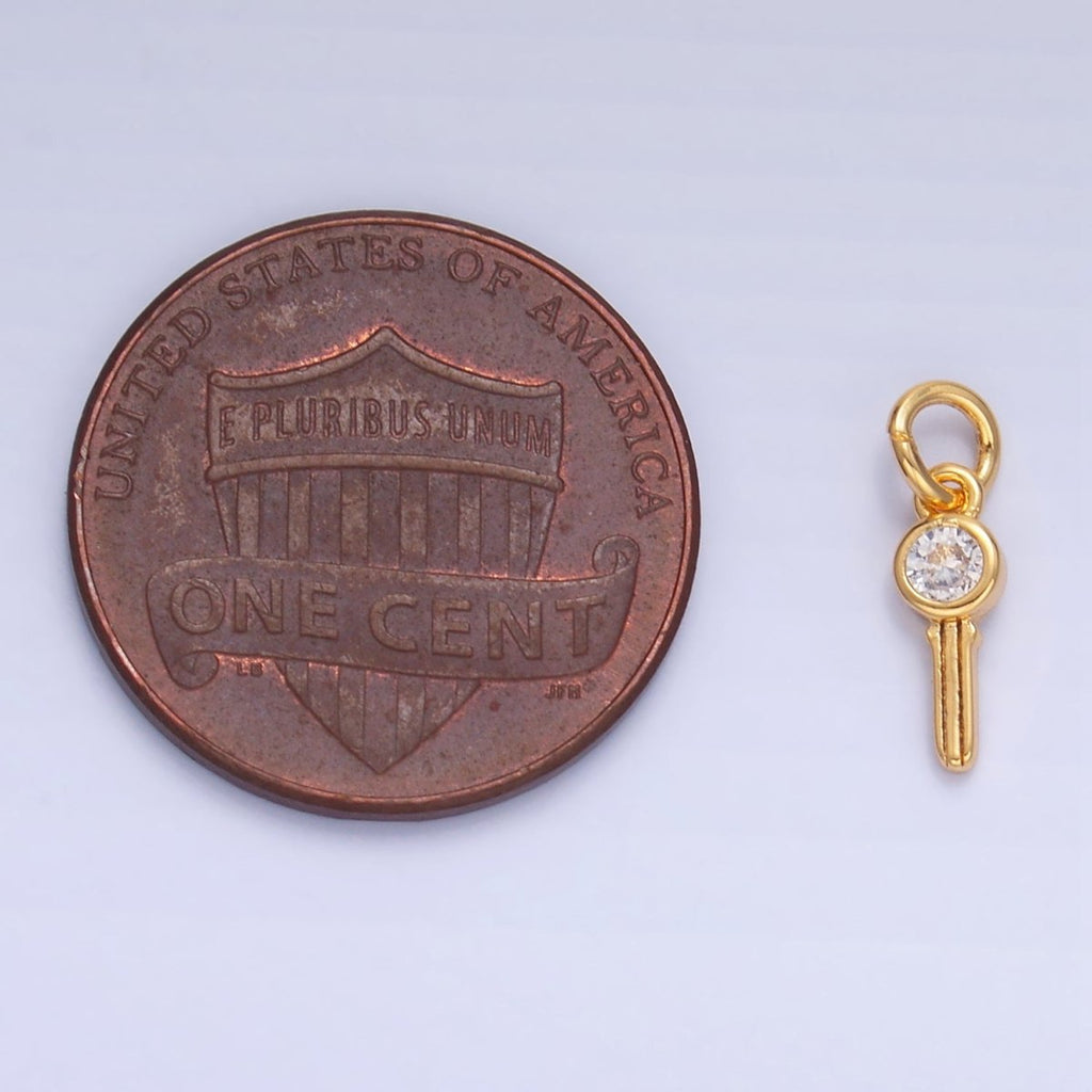 24K Gold plated Clear CZ Key Mini Charm in Gold & Silver | W104 - DLUXCA
