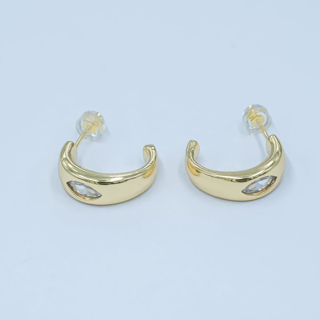 24K Gold plated Clear CZ Marquise C - Shaped Hoop Earrings | AD1204 