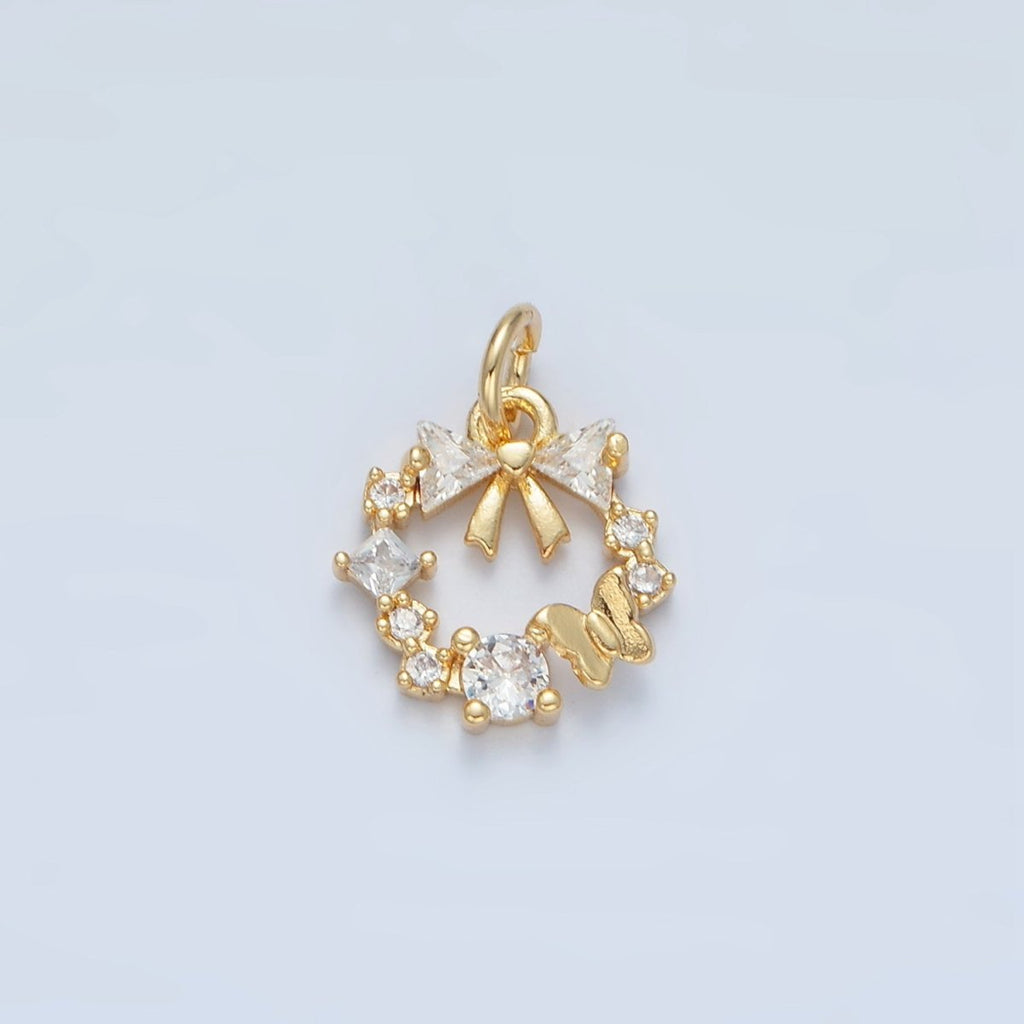 24k Gold plated Clear CZ Micro Paved Butterfly Ribbon Bow Round Circle Charm | X - 456 - DLUXCA