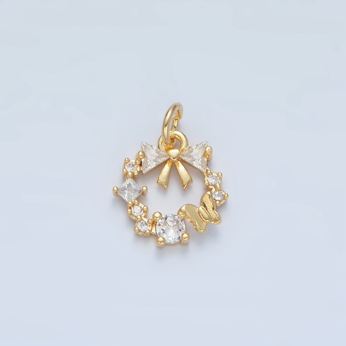 24k Gold plated Clear CZ Micro Paved Butterfly Ribbon Bow Round Circle Charm | X - 456 - DLUXCA