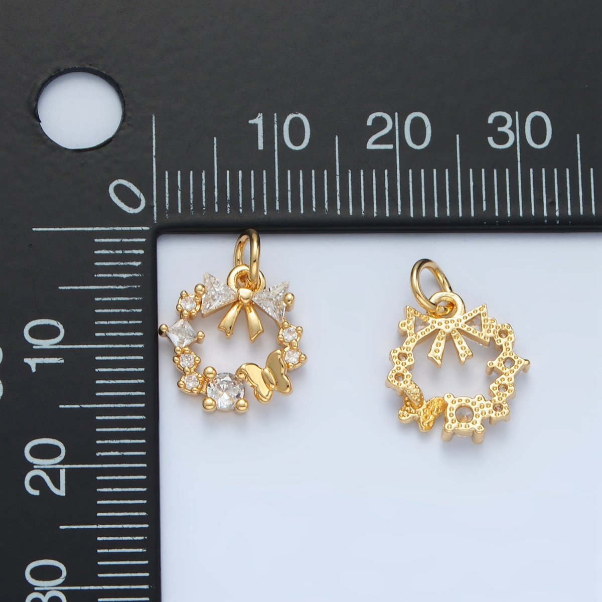 24k Gold plated Clear CZ Micro Paved Butterfly Ribbon Bow Round Circle Charm | X - 456 - DLUXCA
