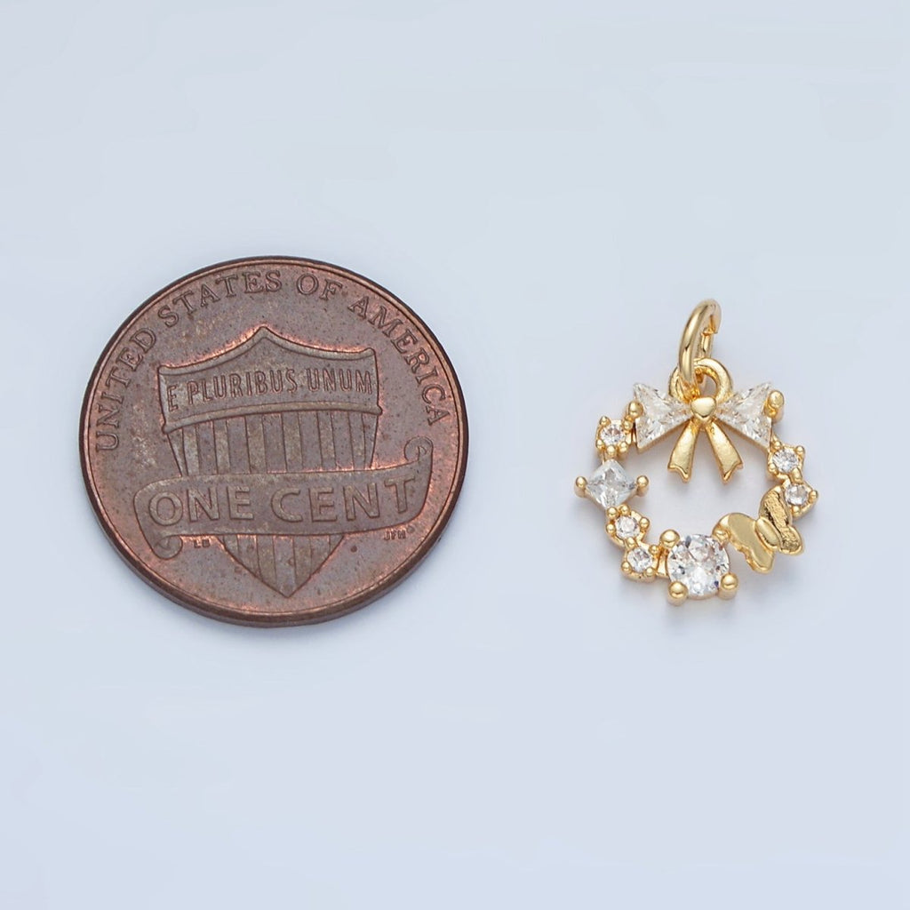 24k Gold plated Clear CZ Micro Paved Butterfly Ribbon Bow Round Circle Charm | X - 456 - DLUXCA