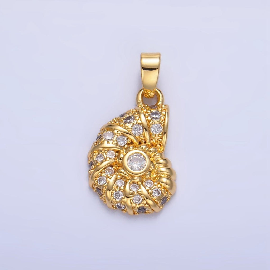 24K Gold plated Clear CZ Micro Paved Clam Sea Shell Pendant | AA1045 - DLUXCA