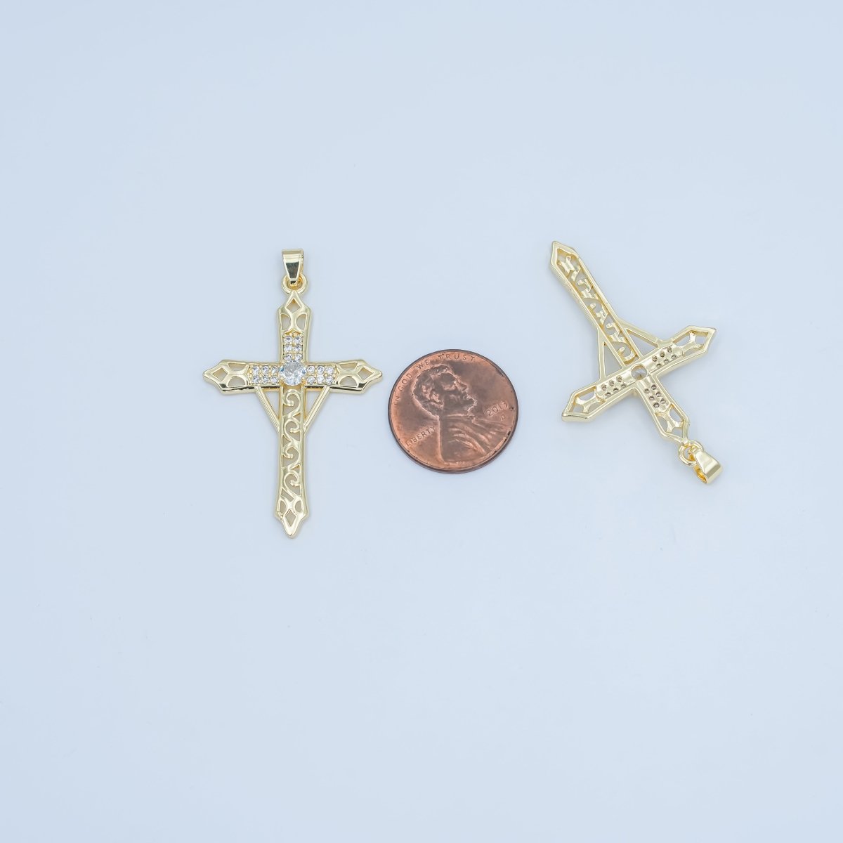 24K Gold plated Clear CZ Micro Paved Geometric Filigree Cross Pendant | AA1505 
