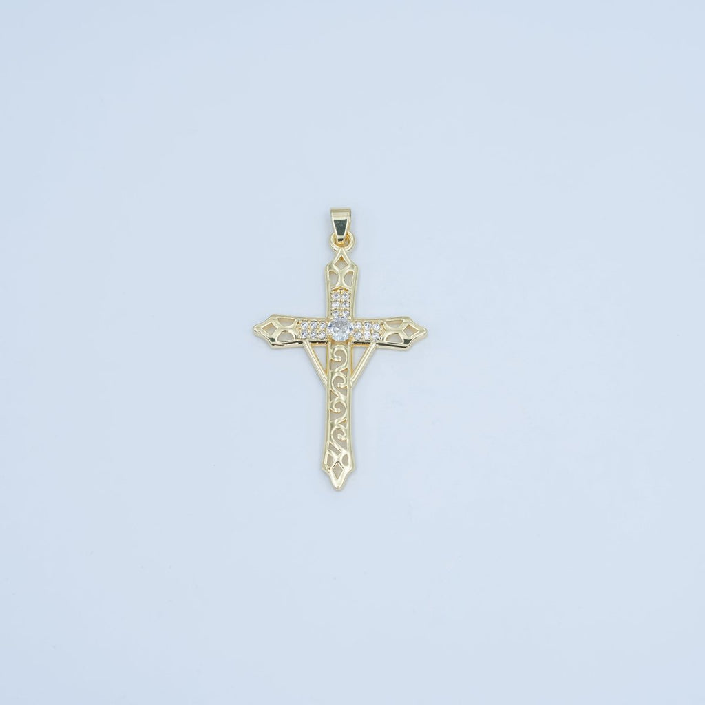24K Gold plated Clear CZ Micro Paved Geometric Filigree Cross Pendant | AA1505 