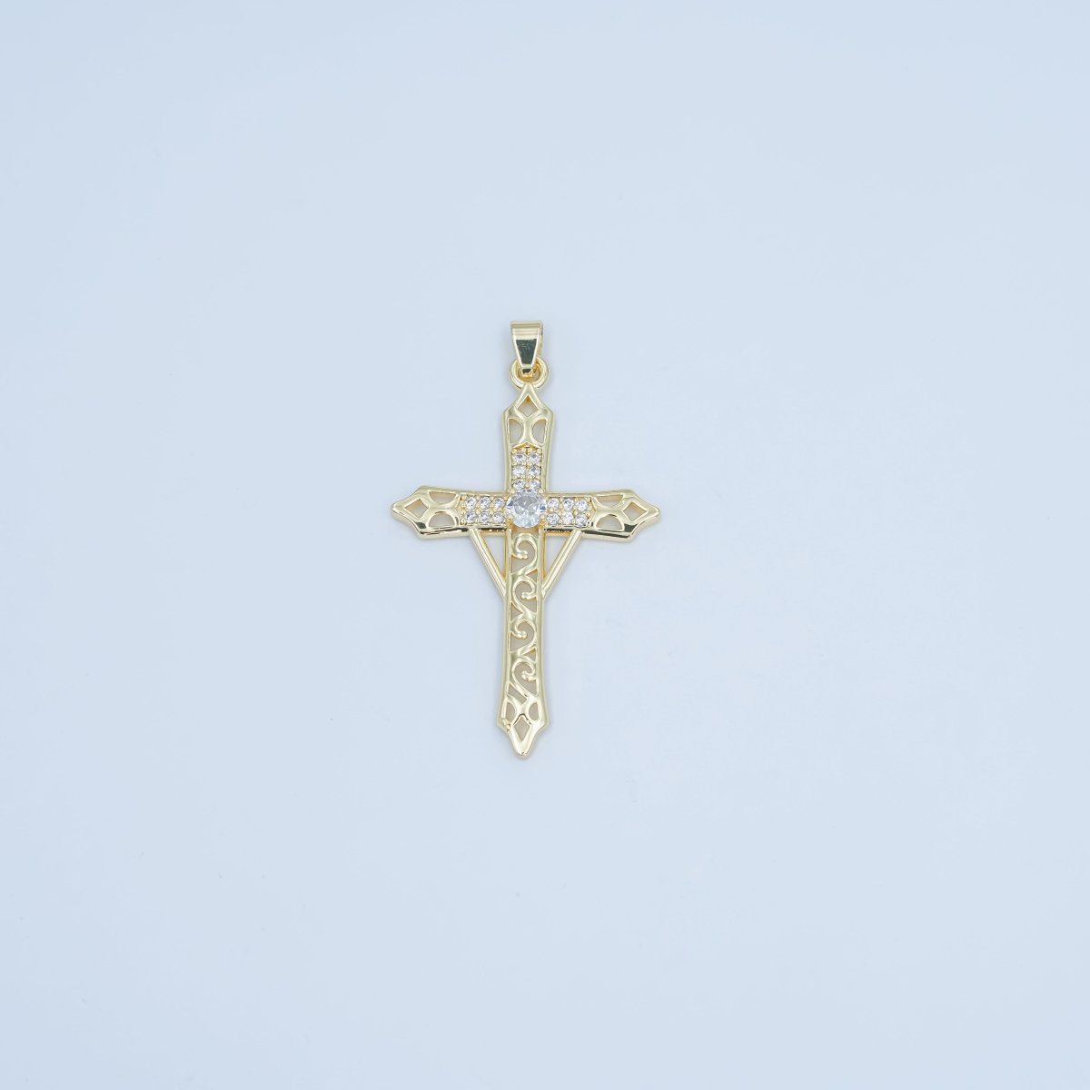 24K Gold plated Clear CZ Micro Paved Geometric Filigree Cross Pendant | AA1505 