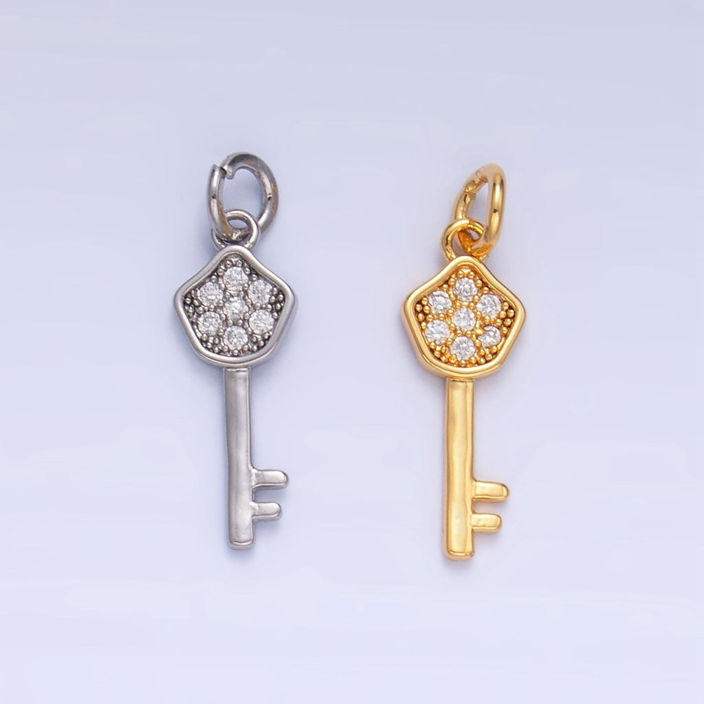 24K Gold plated Clear CZ Micro Paved Key Charm in Gold & Silver | W135