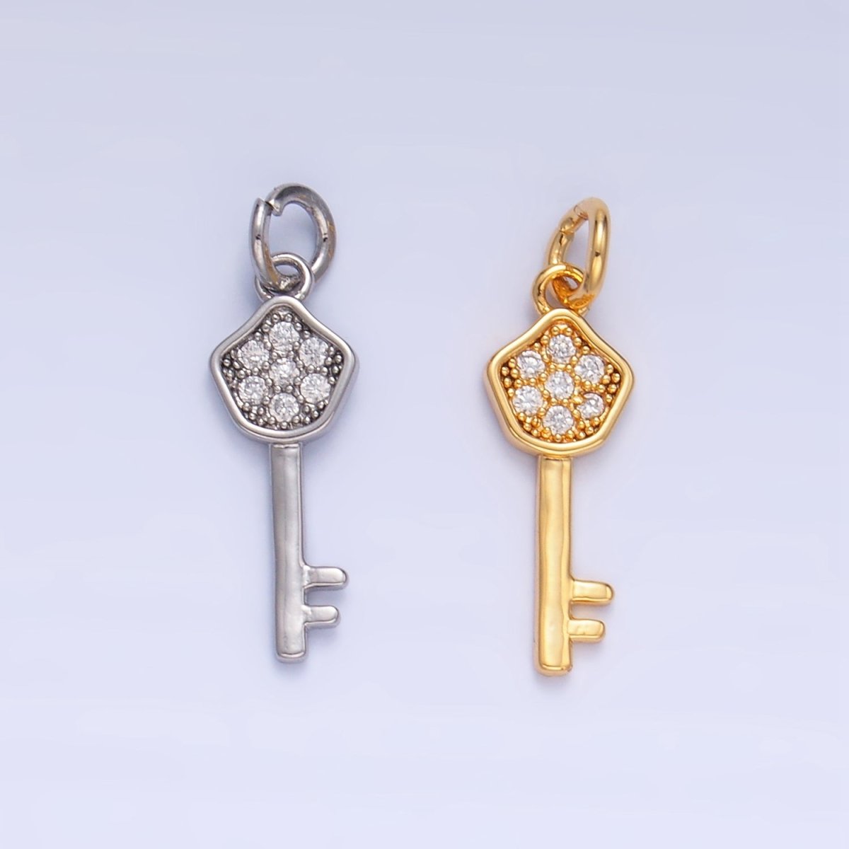 24K Gold plated Clear CZ Micro Paved Key Charm in Gold & Silver | W135