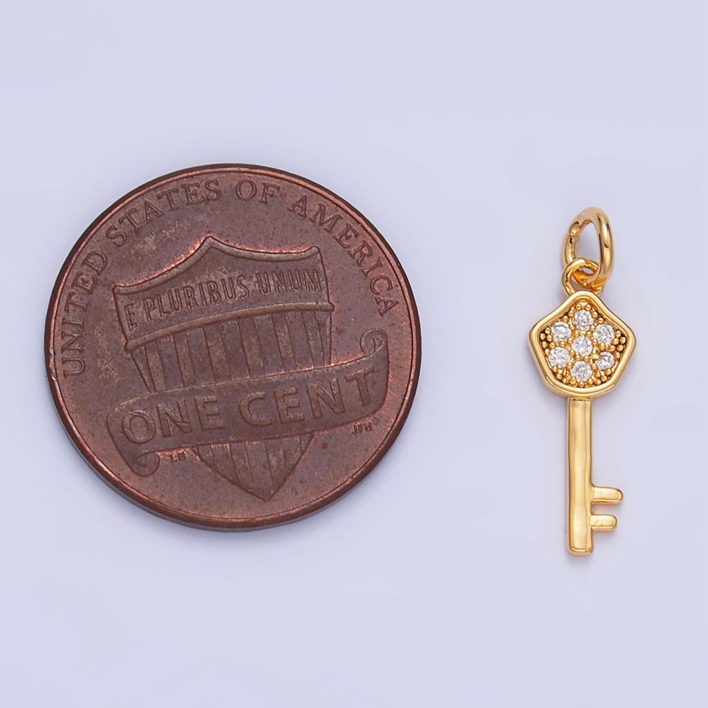 24K Gold plated Clear CZ Micro Paved Key Charm in Gold & Silver | W135