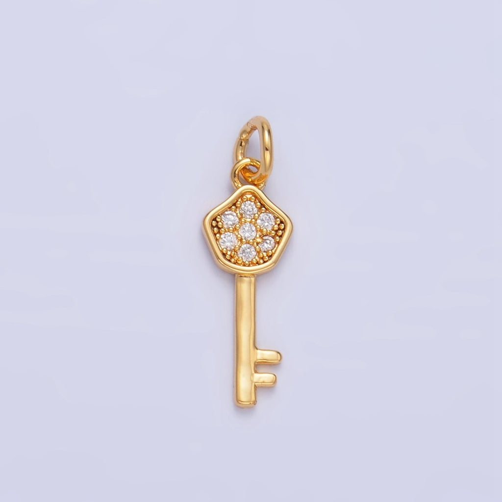 24K Gold plated Clear CZ Micro Paved Key Charm in Gold & Silver | W135