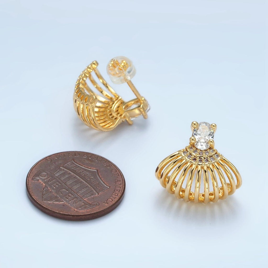 24k Gold plated Clear CZ Micro Paved Ocean Seashell Stud Earrings | AD - 747 - DLUXCA
