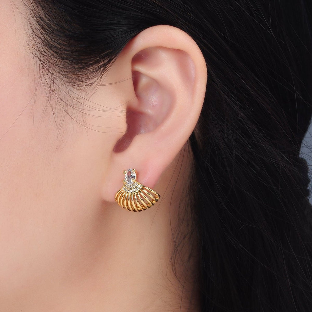 24k Gold plated Clear CZ Micro Paved Ocean Seashell Stud Earrings | AD - 747 - DLUXCA
