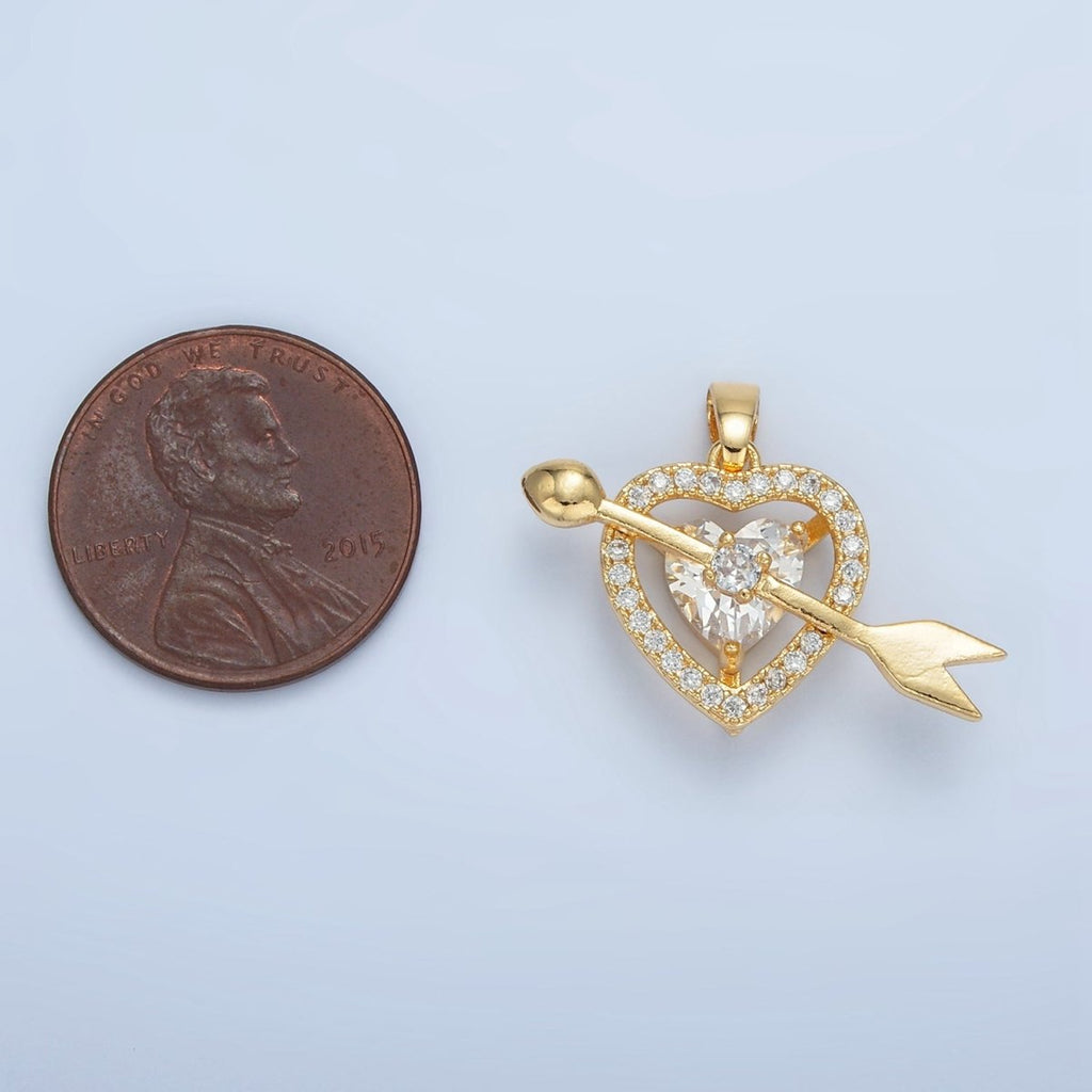 24K Gold plated Clear CZ Micro Paved Open Heart Arrow Cupid Pendant | AA870 - DLUXCA
