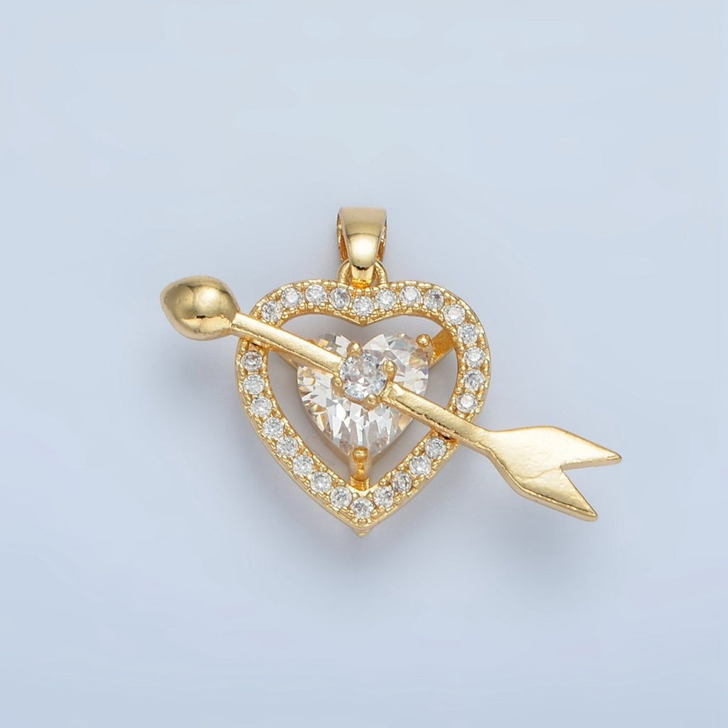24K Gold plated Clear CZ Micro Paved Open Heart Arrow Cupid Pendant | AA870 - DLUXCA