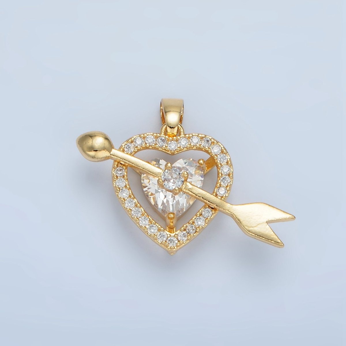 24K Gold plated Clear CZ Micro Paved Open Heart Arrow Cupid Pendant | AA870 - DLUXCA