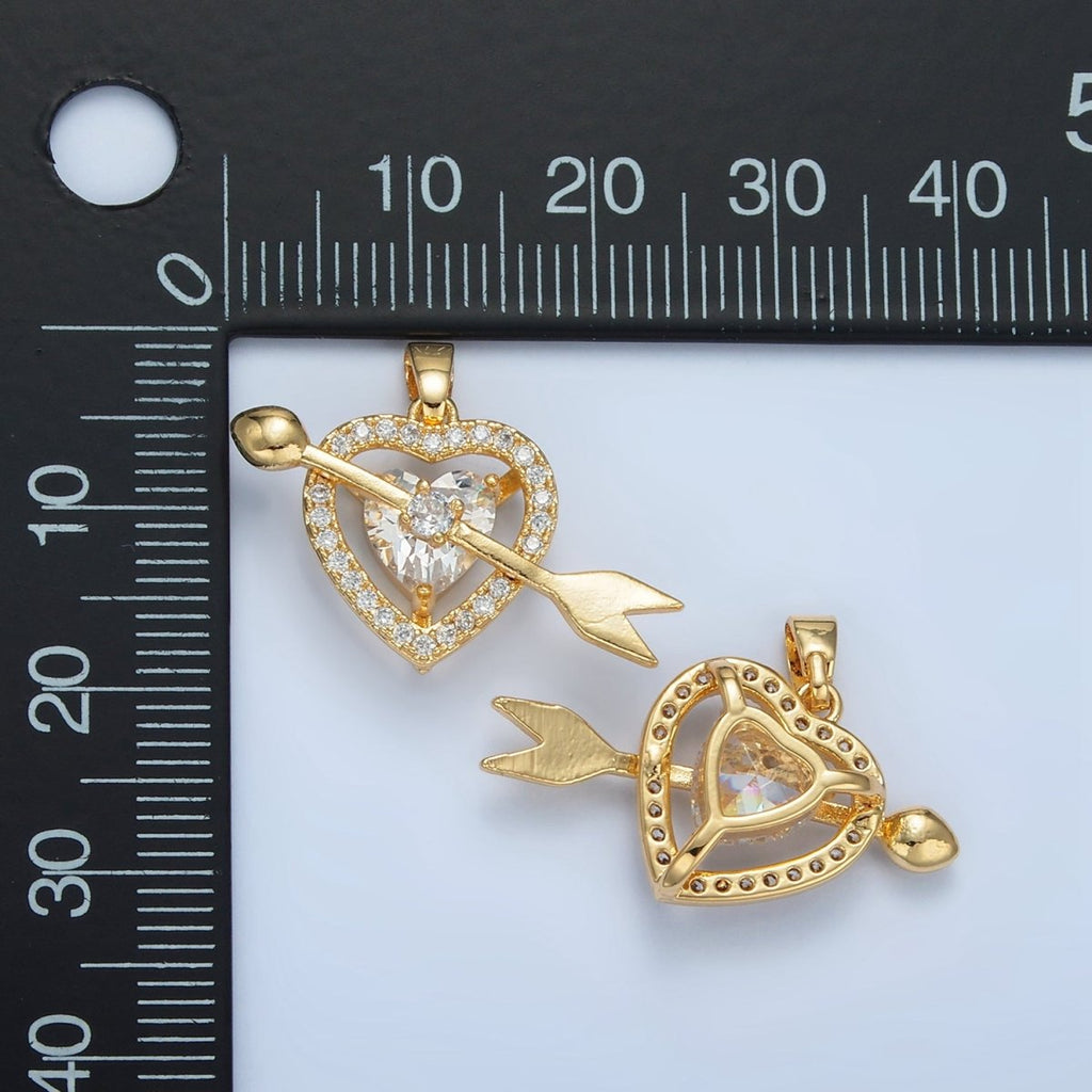 24K Gold plated Clear CZ Micro Paved Open Heart Arrow Cupid Pendant | AA870 - DLUXCA