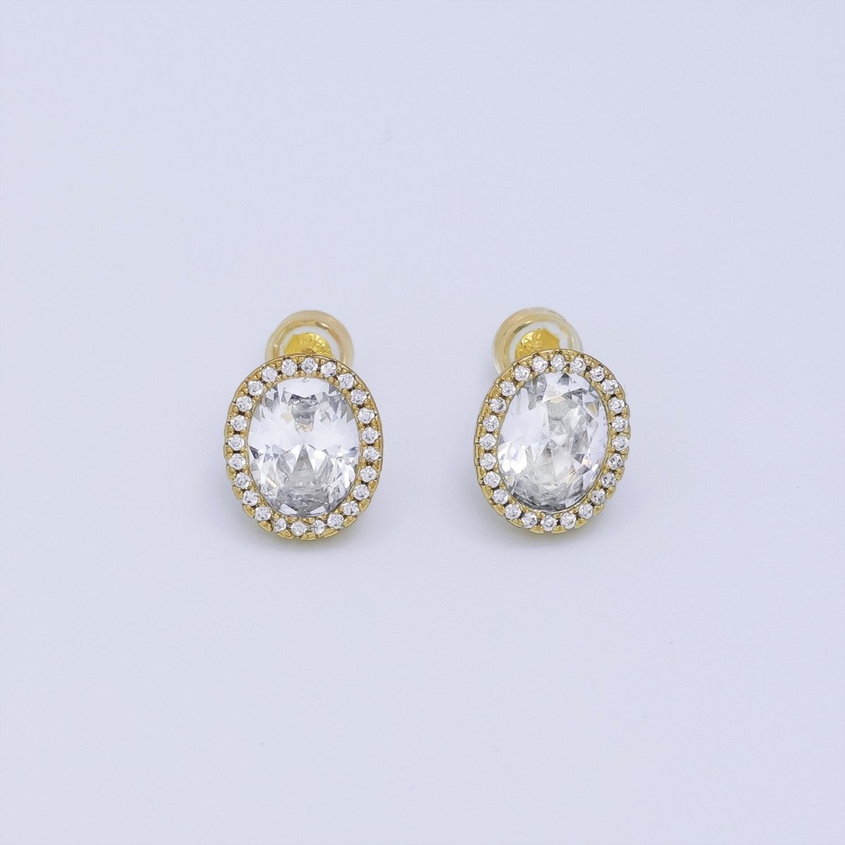 24K Gold plated Clear CZ Micro Paved Oval Stud Earrings | T015 - DLUXCA