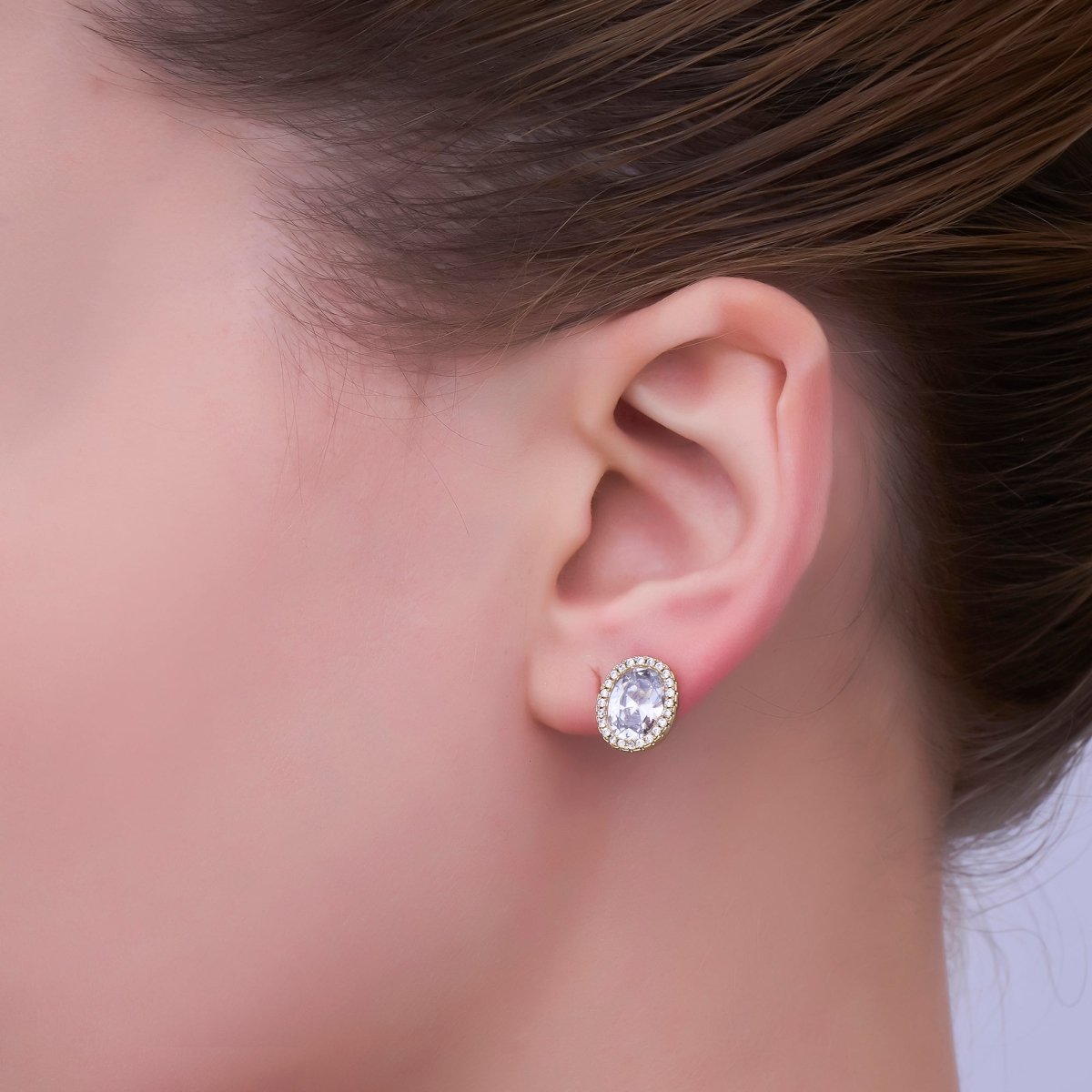 24K Gold plated Clear CZ Micro Paved Oval Stud Earrings | T015 - DLUXCA