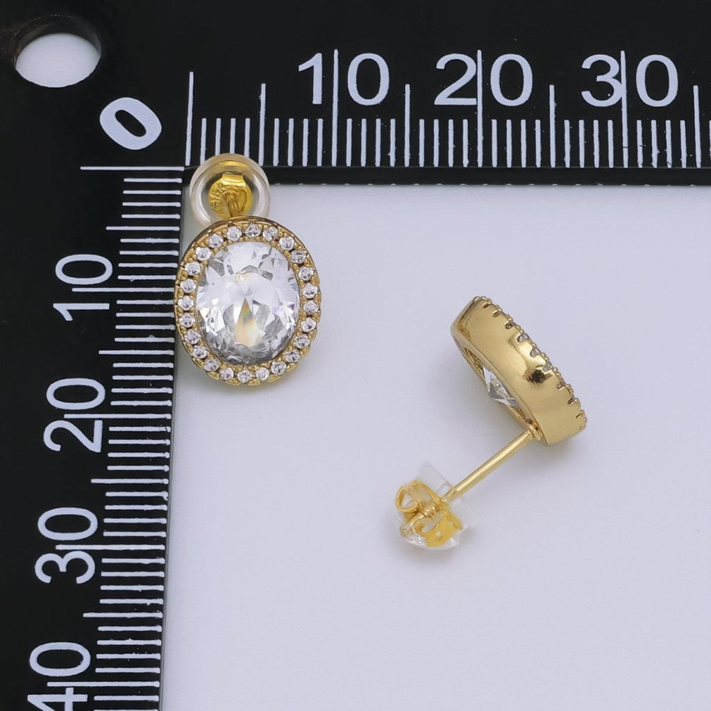 24K Gold plated Clear CZ Micro Paved Oval Stud Earrings | T015 - DLUXCA