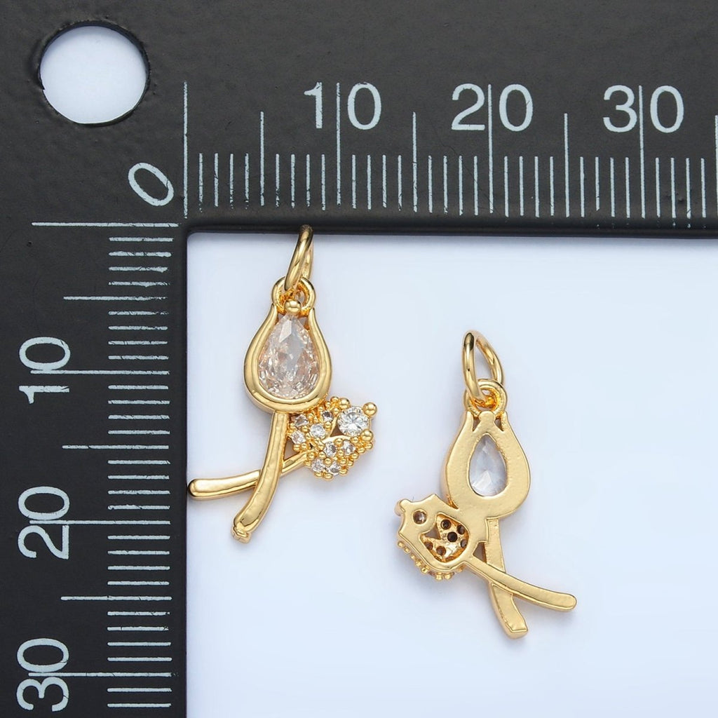 24K Gold plated Clear CZ Micro Paved Tulip Flower Mini Charm | X294 - DLUXCA