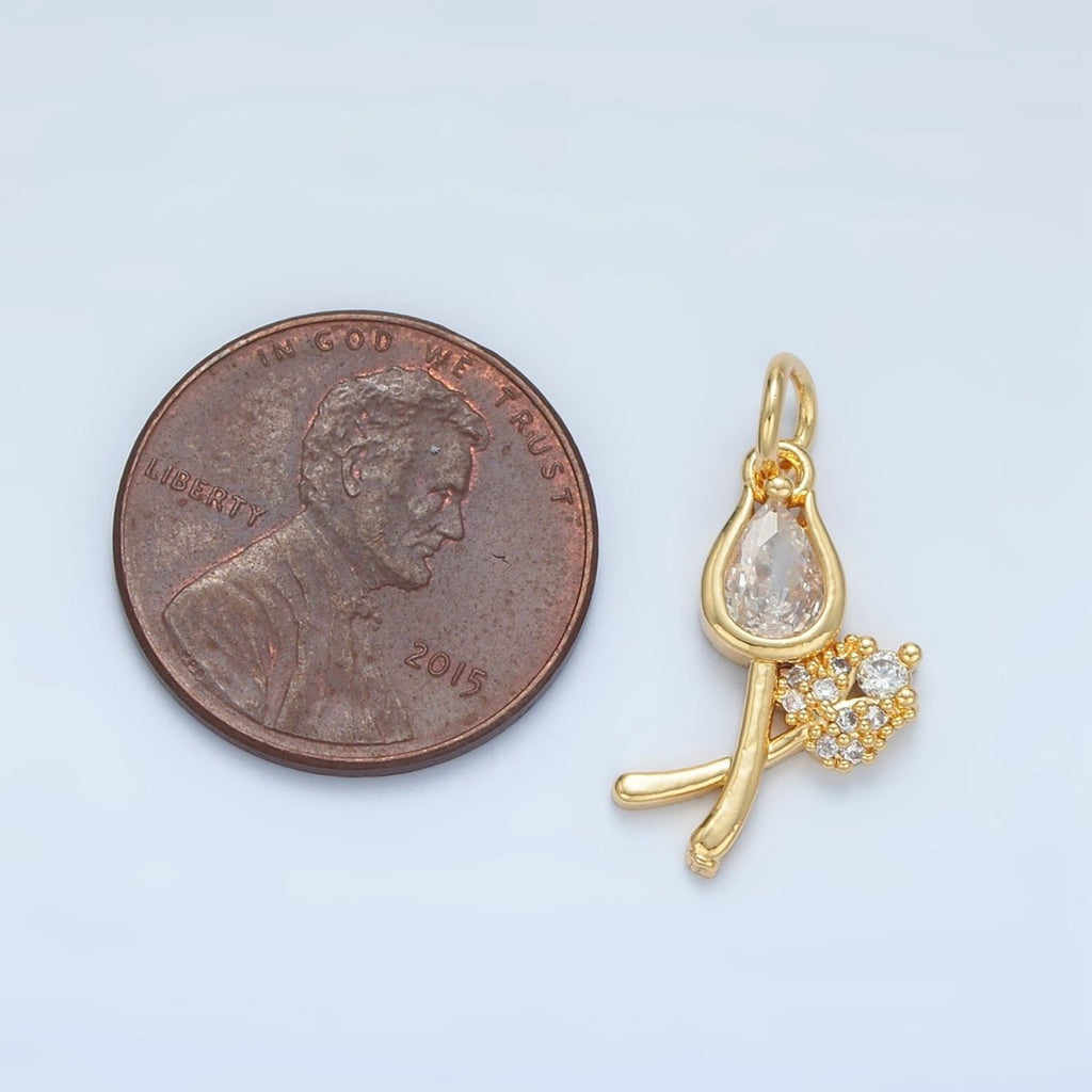 24K Gold plated Clear CZ Micro Paved Tulip Flower Mini Charm | X294 - DLUXCA