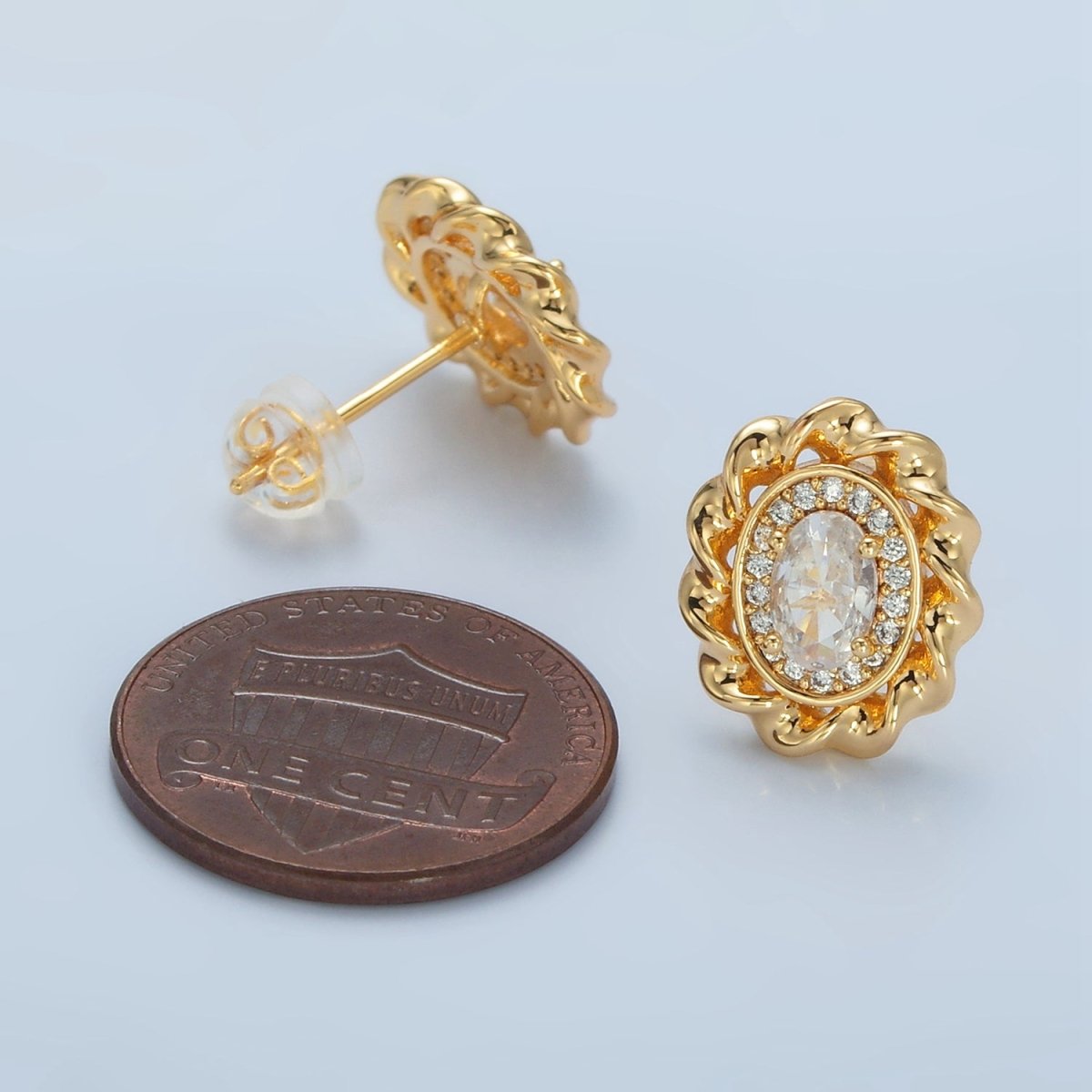 24K Gold plated Clear CZ Micro Paved Twisted Oval Stud Earrings | AD - 740 - DLUXCA