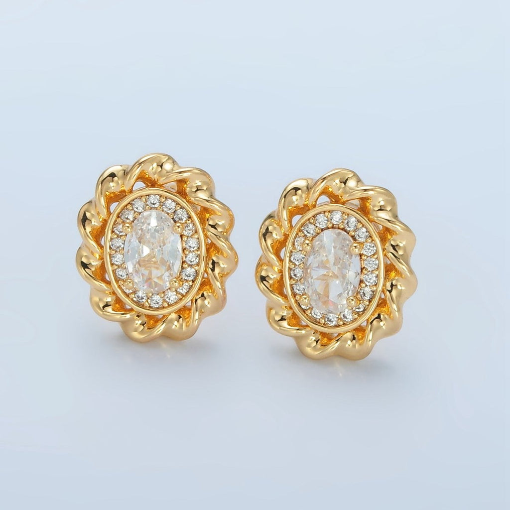 24K Gold plated Clear CZ Micro Paved Twisted Oval Stud Earrings | AD - 740 - DLUXCA