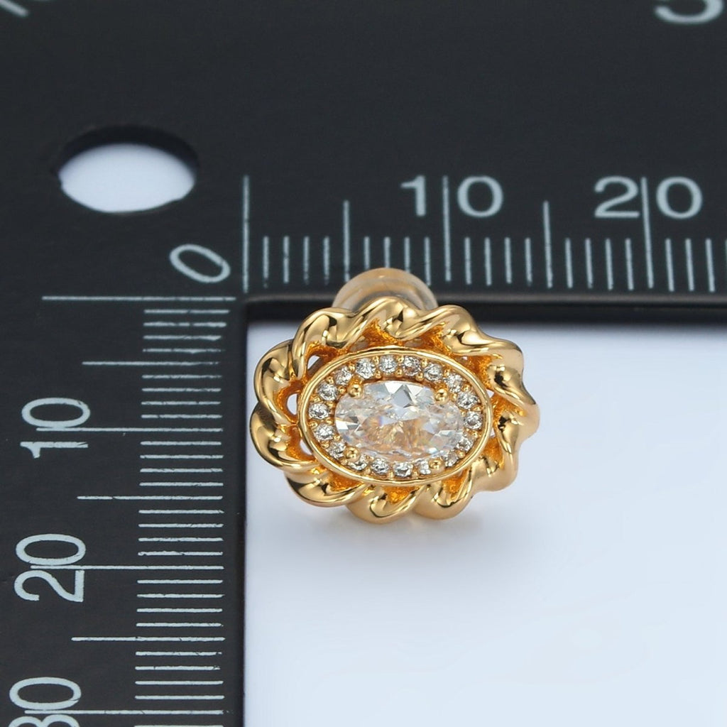 24K Gold plated Clear CZ Micro Paved Twisted Oval Stud Earrings | AD - 740 - DLUXCA