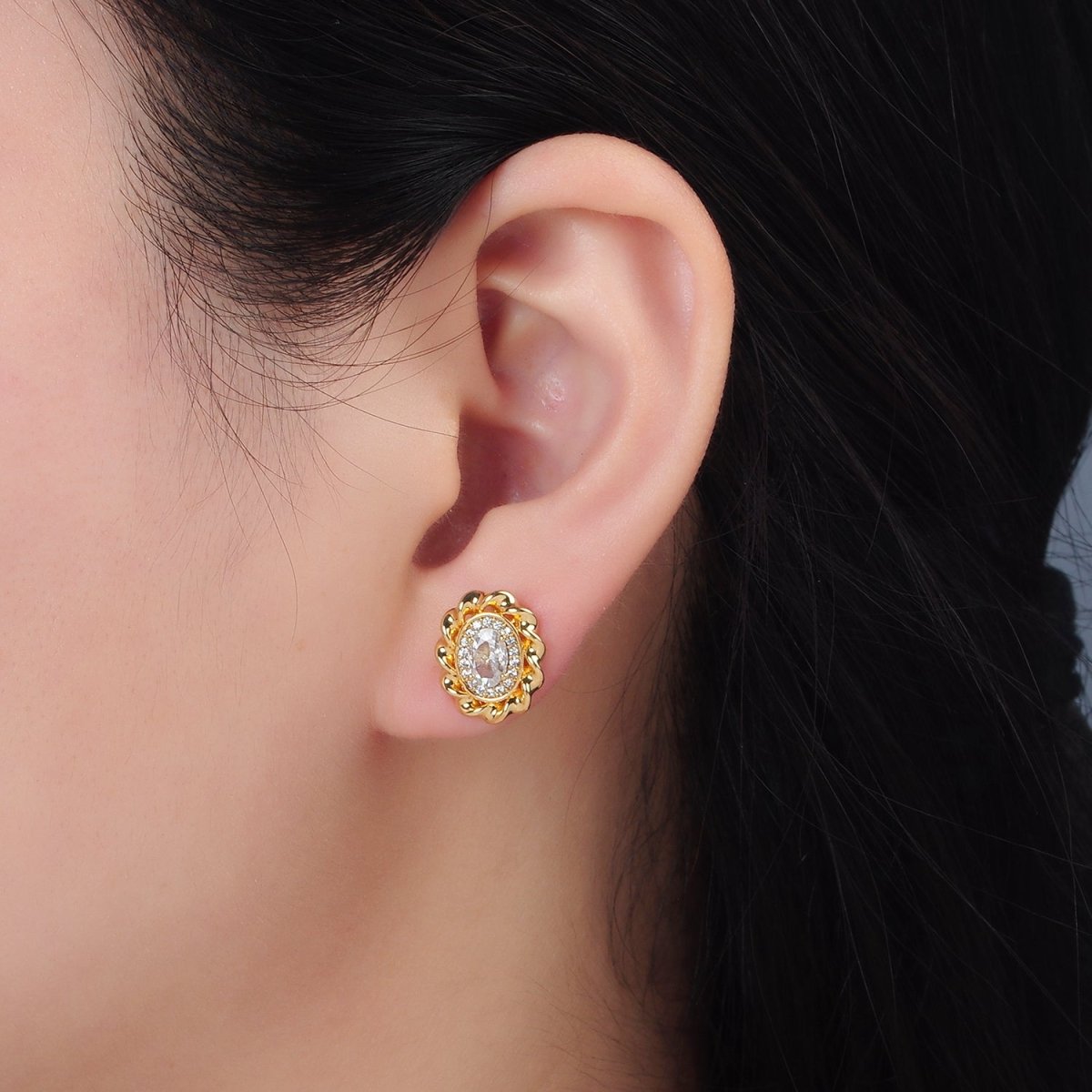 24K Gold plated Clear CZ Micro Paved Twisted Oval Stud Earrings | AD - 740 - DLUXCA