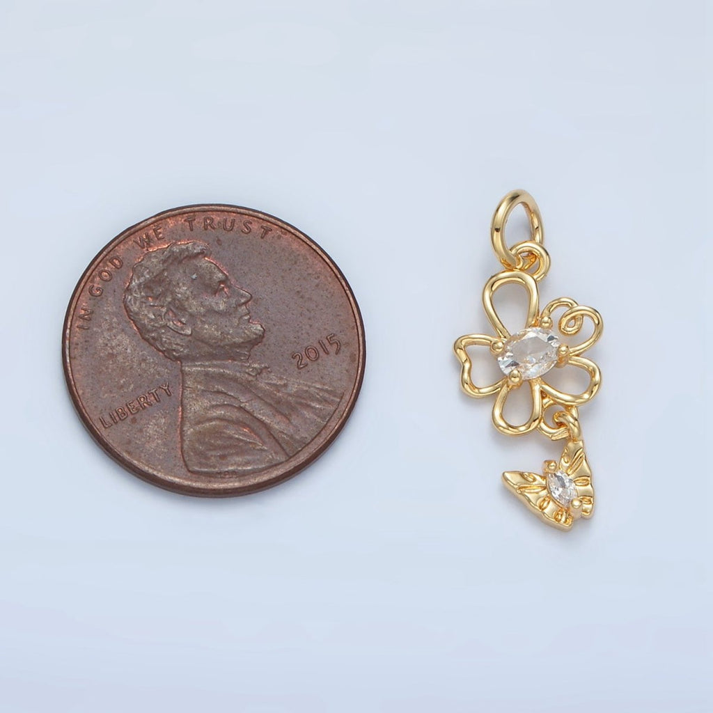 24K Gold plated Clear CZ Open Flower Butterfly Drop Mini Charm | X299 - DLUXCA