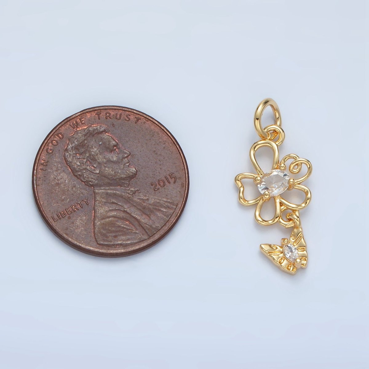 24K Gold plated Clear CZ Open Flower Butterfly Drop Mini Charm | X299 - DLUXCA