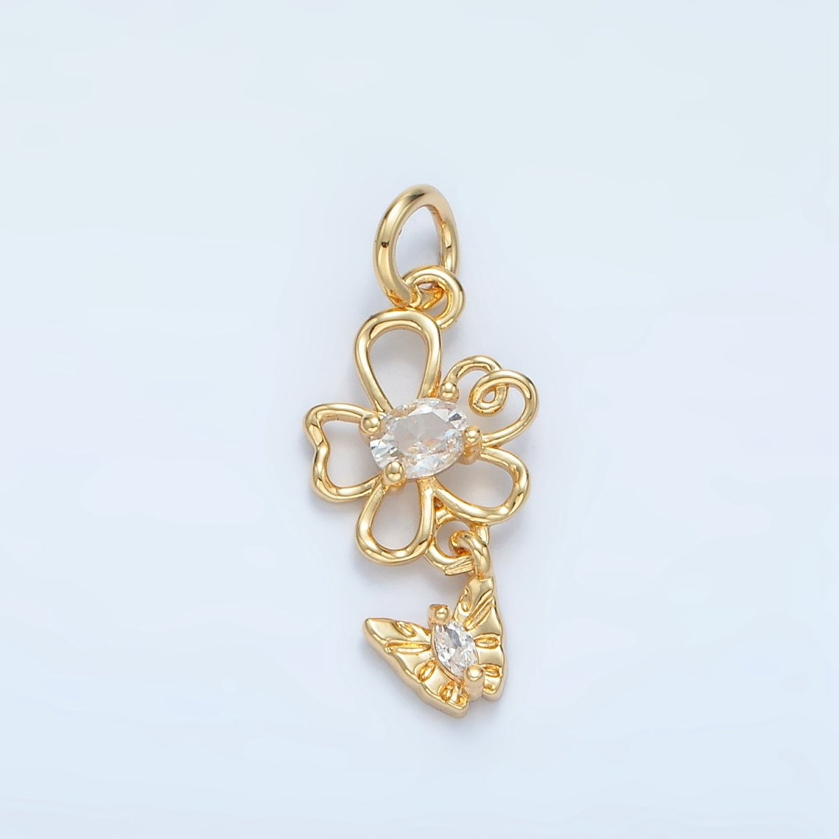 24K Gold plated Clear CZ Open Flower Butterfly Drop Mini Charm | X299 - DLUXCA