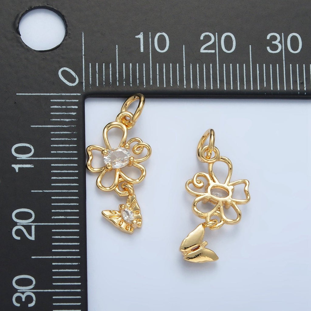 24K Gold plated Clear CZ Open Flower Butterfly Drop Mini Charm | X299 - DLUXCA