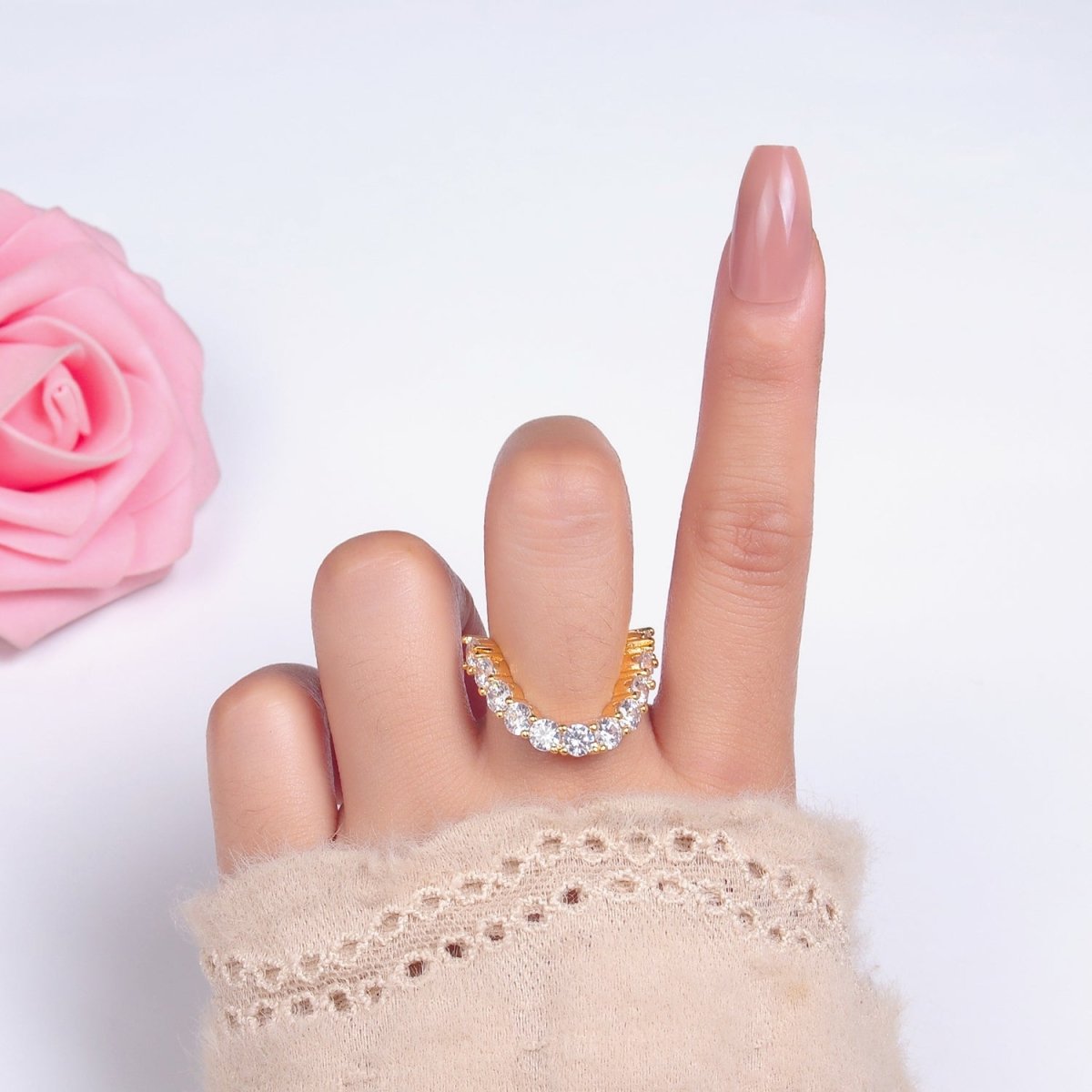 24K Gold plated Clear CZ Paved Curved Chevron Ring | U426 - DLUXCA